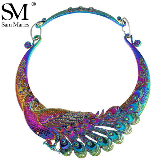 Ethnic Rainbow Peacock Statement Choker Necklace Fashion Big Bohemian Maxi Phoenix Carved Women Jewelery Gift
