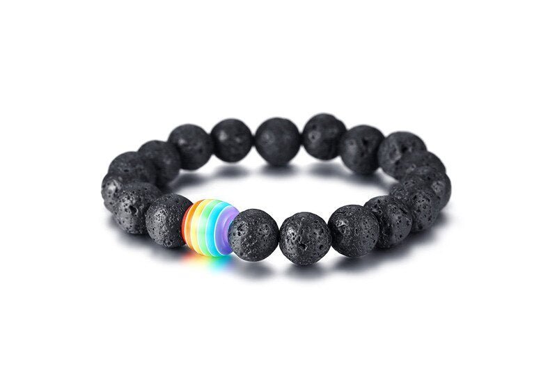 Rainbow Natural Stone Black Beaded Bracelet - Pride Fire - 480886_VQSLF2X -