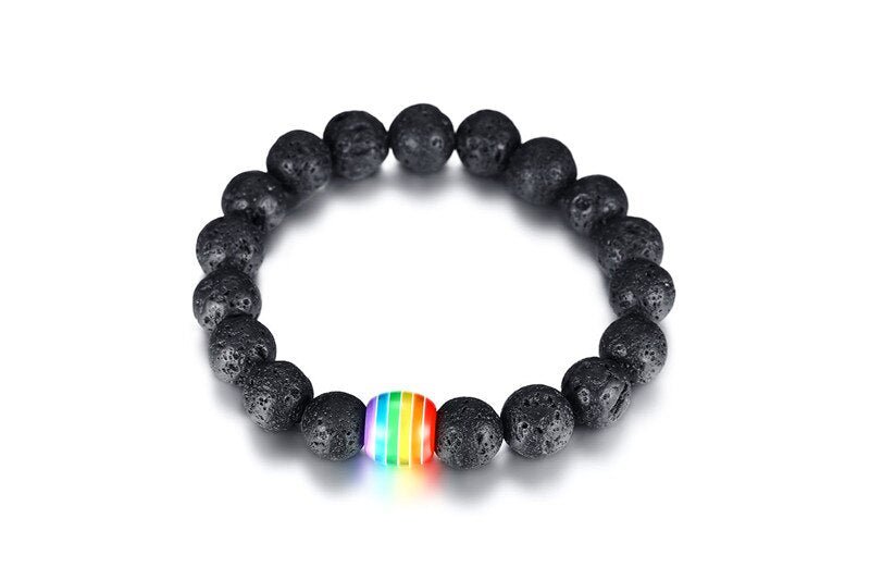 Rainbow Natural Stone Black Beaded Bracelet - Pride Fire - 480886_VQSLF2X -