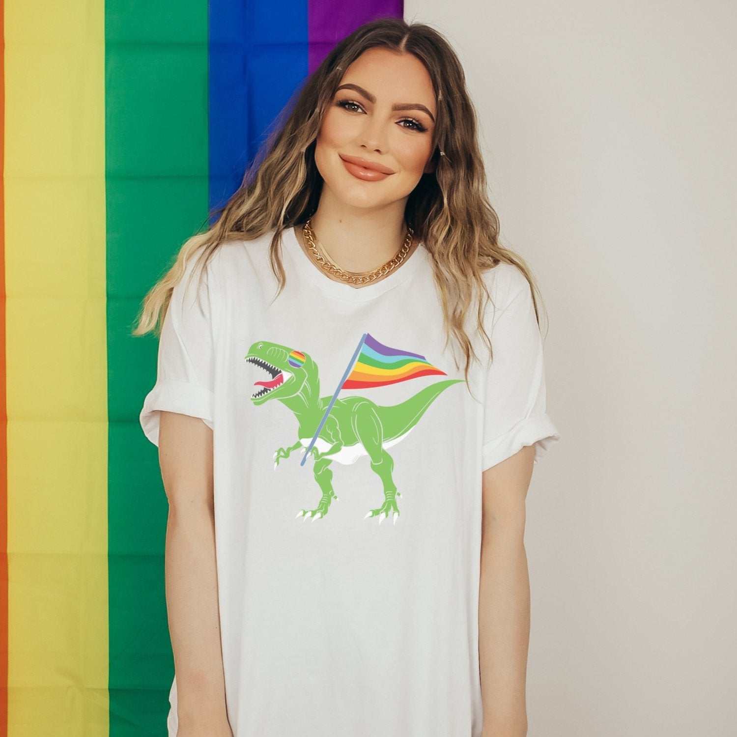 Pride-A-Saurus Rex Graphic Tee - Pride Fire - 2XL-HEATHERGREY - Tops & Blouses