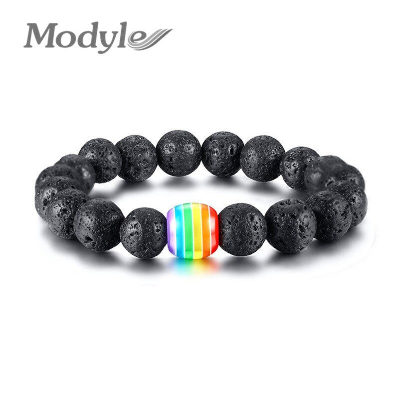 Rainbow Natural Stone Black Beaded Bracelet - Pride Fire - 480886_VQSLF2X -