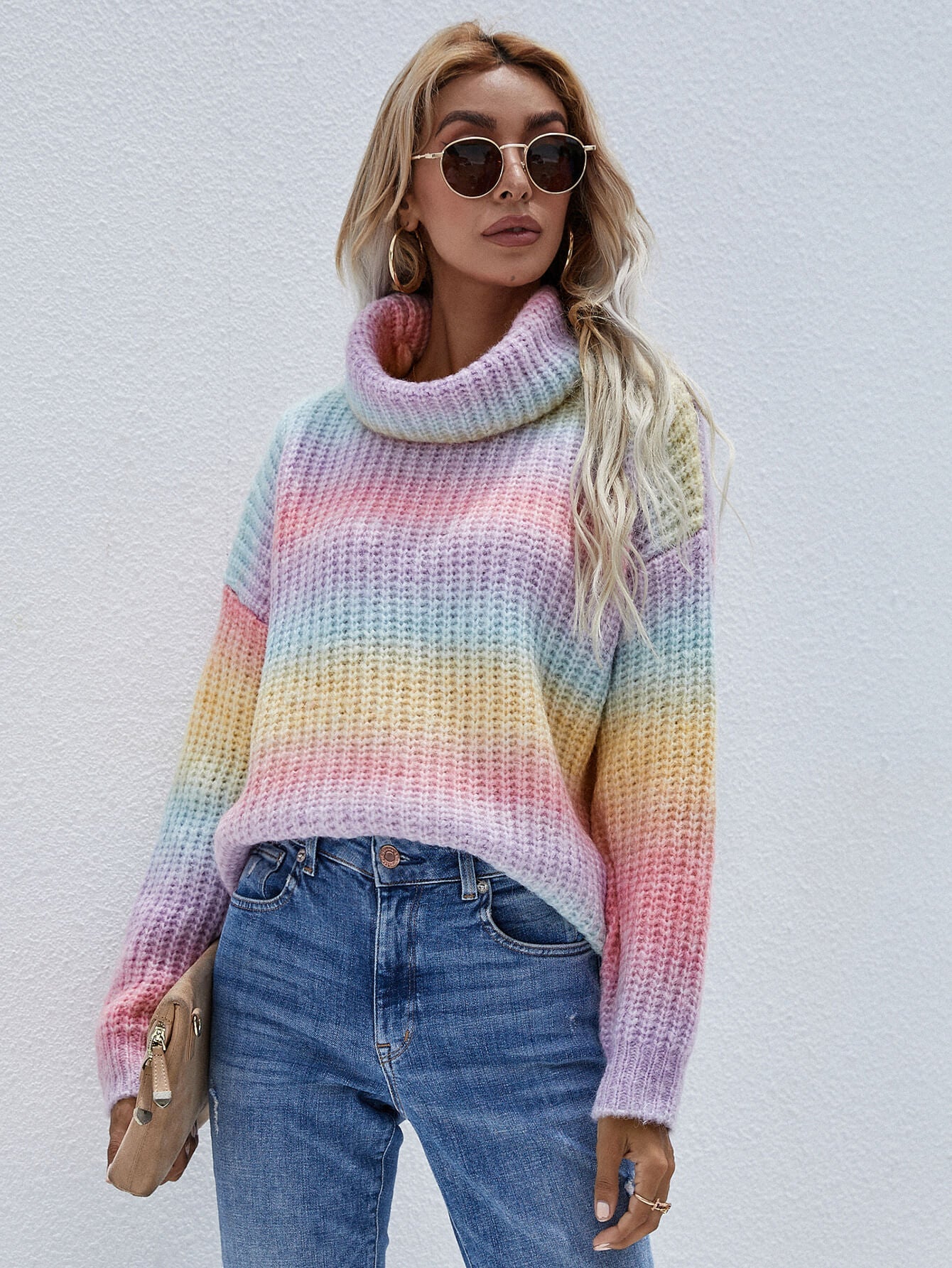 Rainbow Rib-Knit Turtleneck Sweater - Pride Fire - 100100512298102 - Women's Clothing