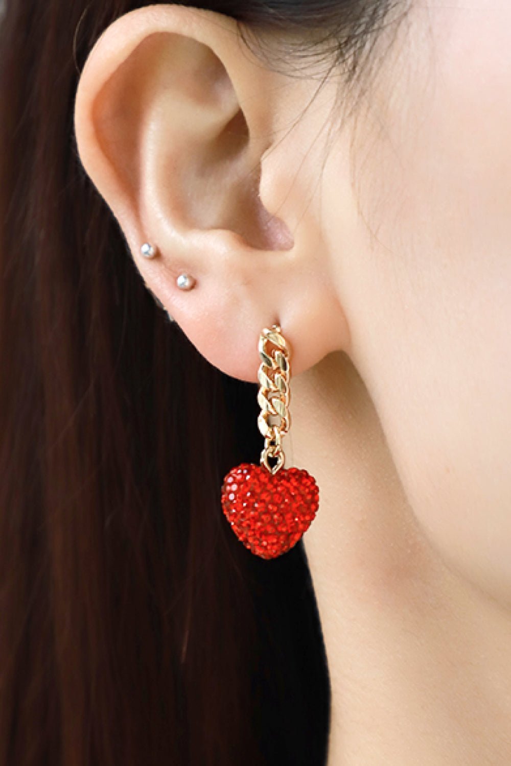 Rhinestone Heart Chain Drop Earrings - Pride Fire - 101300278040543 -