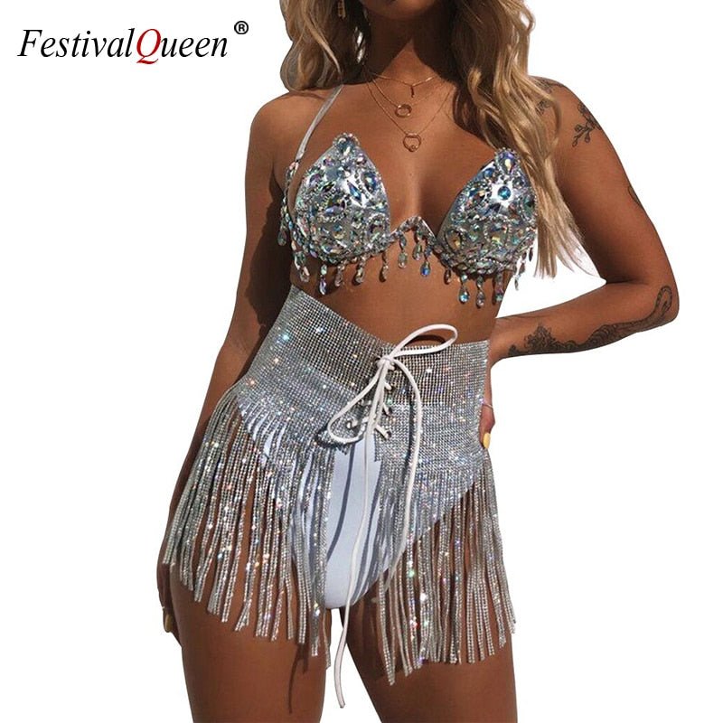 Rhinestone Lace Up High Waist Mini Skirt - Pride Fire - 657462_N2XKFO3 -